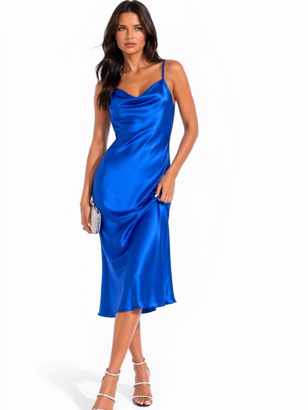 Vintage Bebe Satin Cowl Neck Slip Midi Dress Y2K Royal Blue Size S NWT - Picture 9 of 9